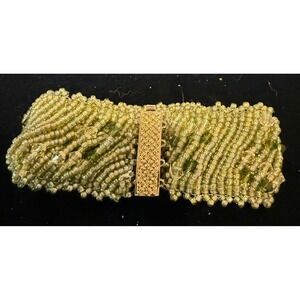 Handmade Womens 6.5" Beaded Cuff Bracelet Lime Green Multi Strand Crystal Clasp